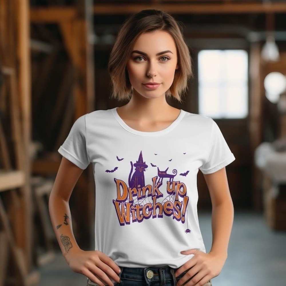 Drink Up Witches Halloween T-Shirt  Spooky Cats & Bats Design